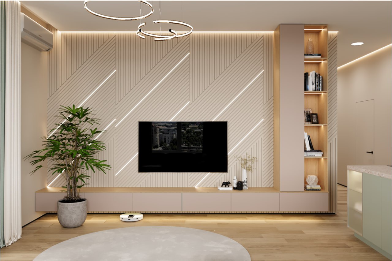 Трансформированные рейки с подсветкой, крупные растения и парящий потолок. Визуализация: Rerooms